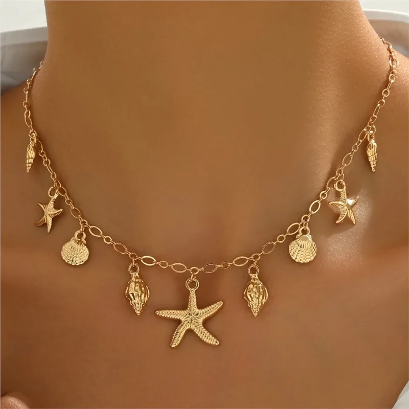 Vintage Bohemian Ocean Style Necklace for Women Imitation Starfish and Imitation Conch Shape Multi-Pendant Choker Necklace
