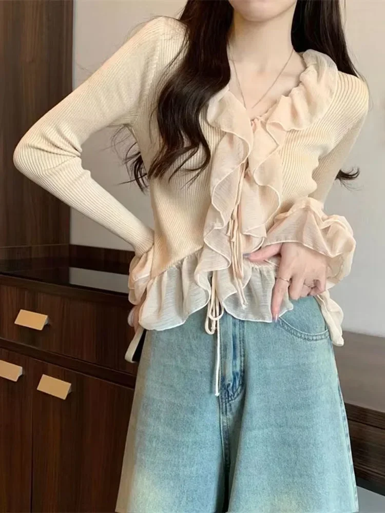 Frisse vintage literaire effen patchwork trui kant gebreid slank ondershirt Franse ruches flare mouw vetersluiting zoete mujer