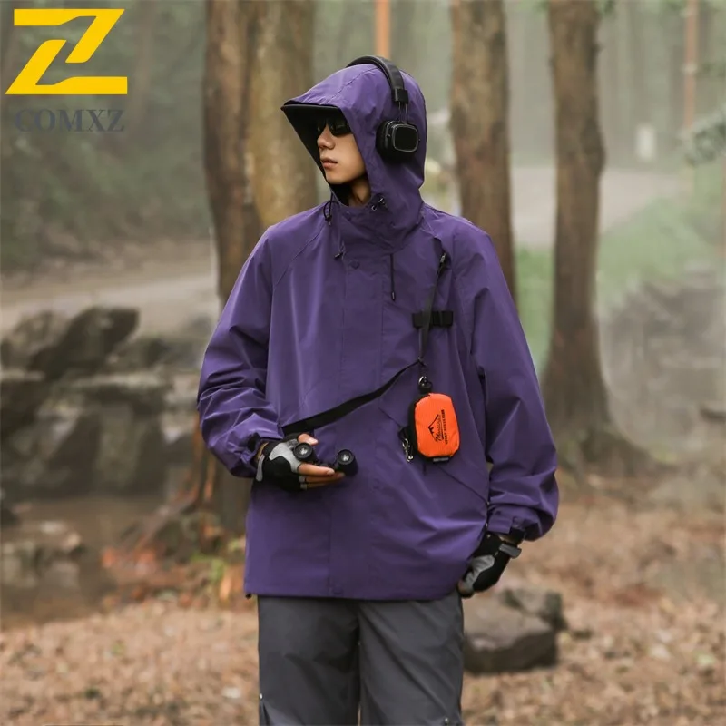 

COMXZ Spring Autumn Japanese Retro Tech Crossbody Bag Hooded Windbreaker Jacket Unisex outdoor Streetwear Loose Fit Couple Coat