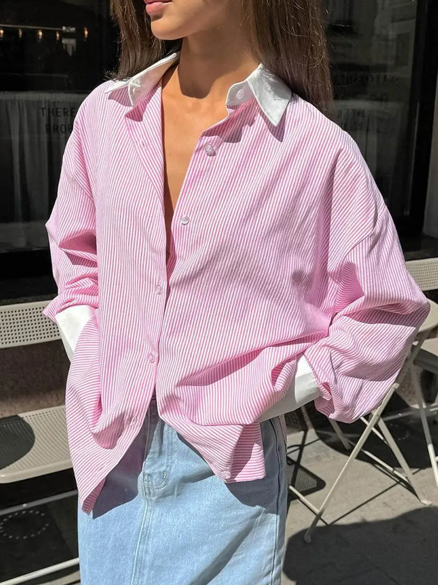 

Women's Striped Loose Lapel Long Sve Top And Outer irt Commute Sle Mid-Length irt with Turn-down Collar for Autumn