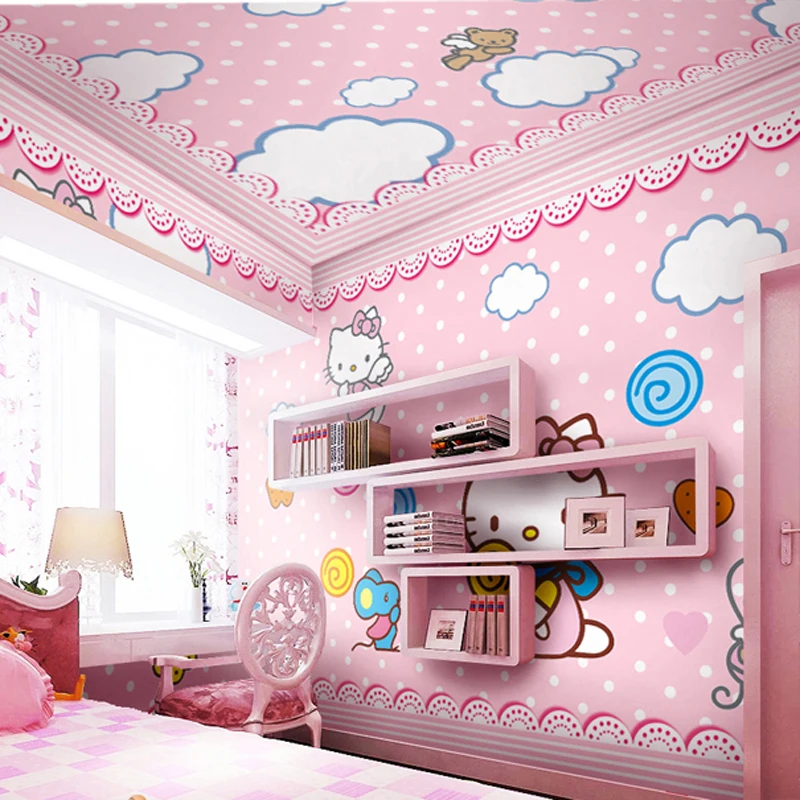 Customized Children's Room Wallpaper Cartoon Wallpaper Girl Bedroom Mural Warm Pink Theme Princess Room Wallpaper Kitty Cat