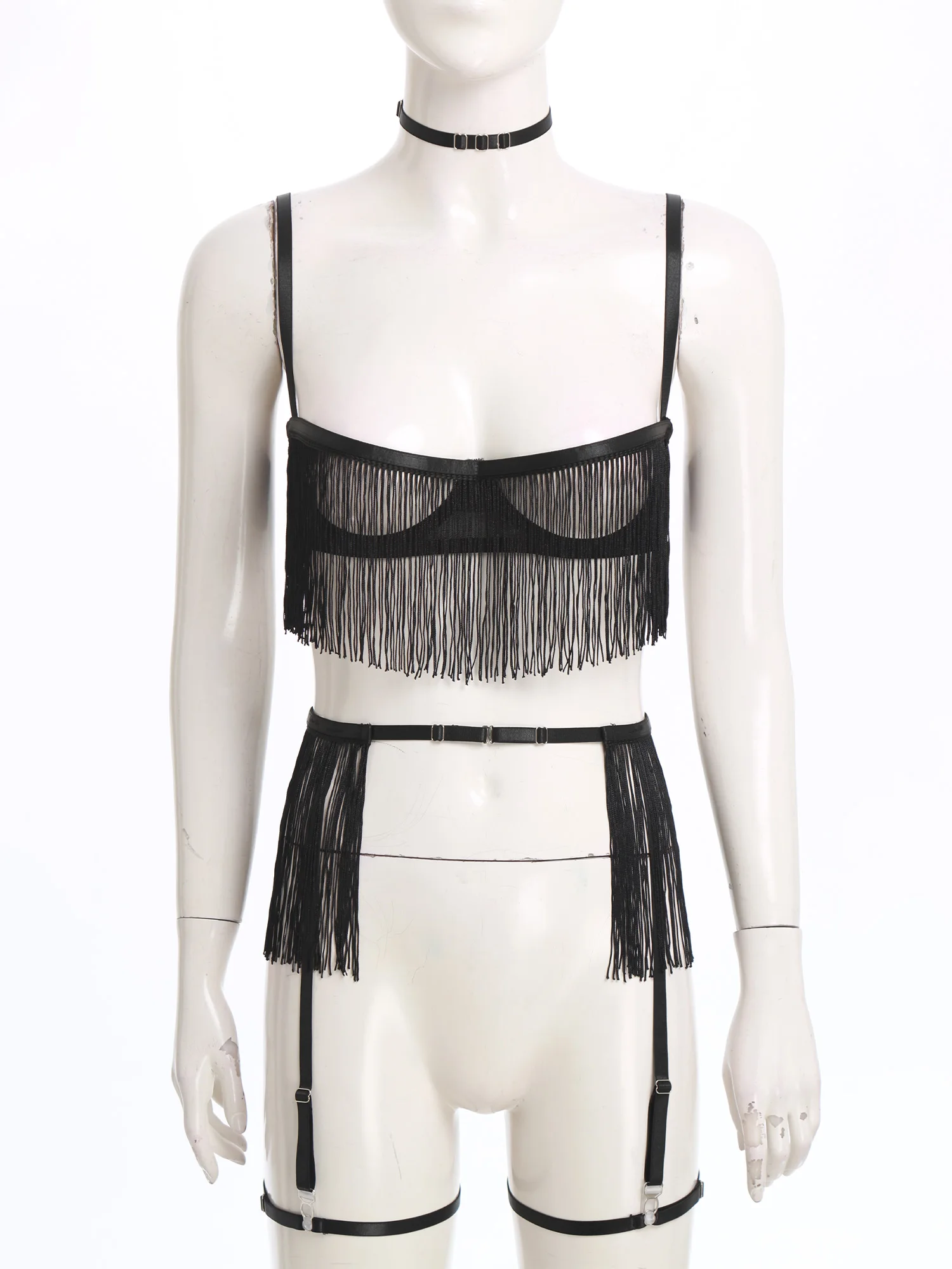 

Women Sheer Tassel Lingerie Set Cut Out Cup Underwire Bra T-back Thong Fringe Skirt with Garters And Choker Thigh Tempting Suits