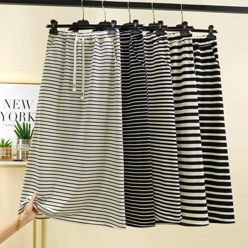 High Waist Stripe A-Line Skirt Women's Base Layer Long Skirt Summer 2025 New Style Slimming Split Back Skirt Polyester Cotton...
