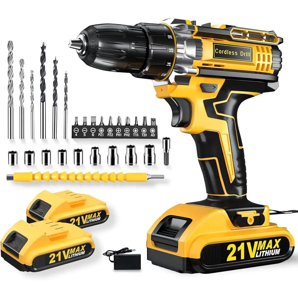 Cordless Drill 21V with 2x 2.0Ah Batteries 370In-lbs 25 1 Torque 3/8 Inch Chuck LED Light Compact Design Electric Power Tool