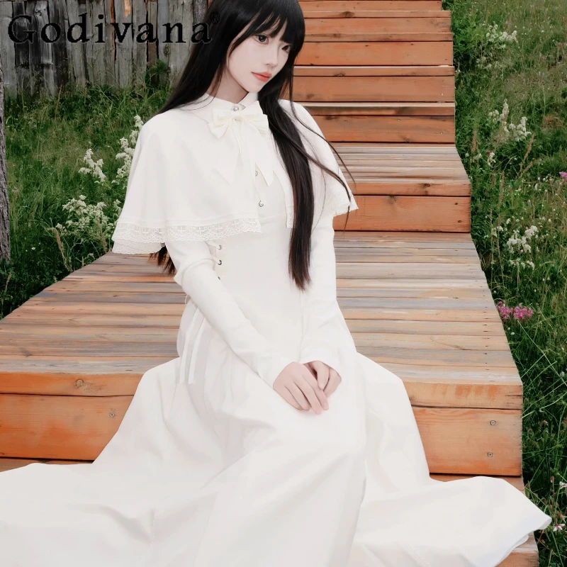

Autumn Winter Elegant Cape Dress for Girls Original Design French Vintage Dress Women's Japanese Style Waist Lace Long Dress