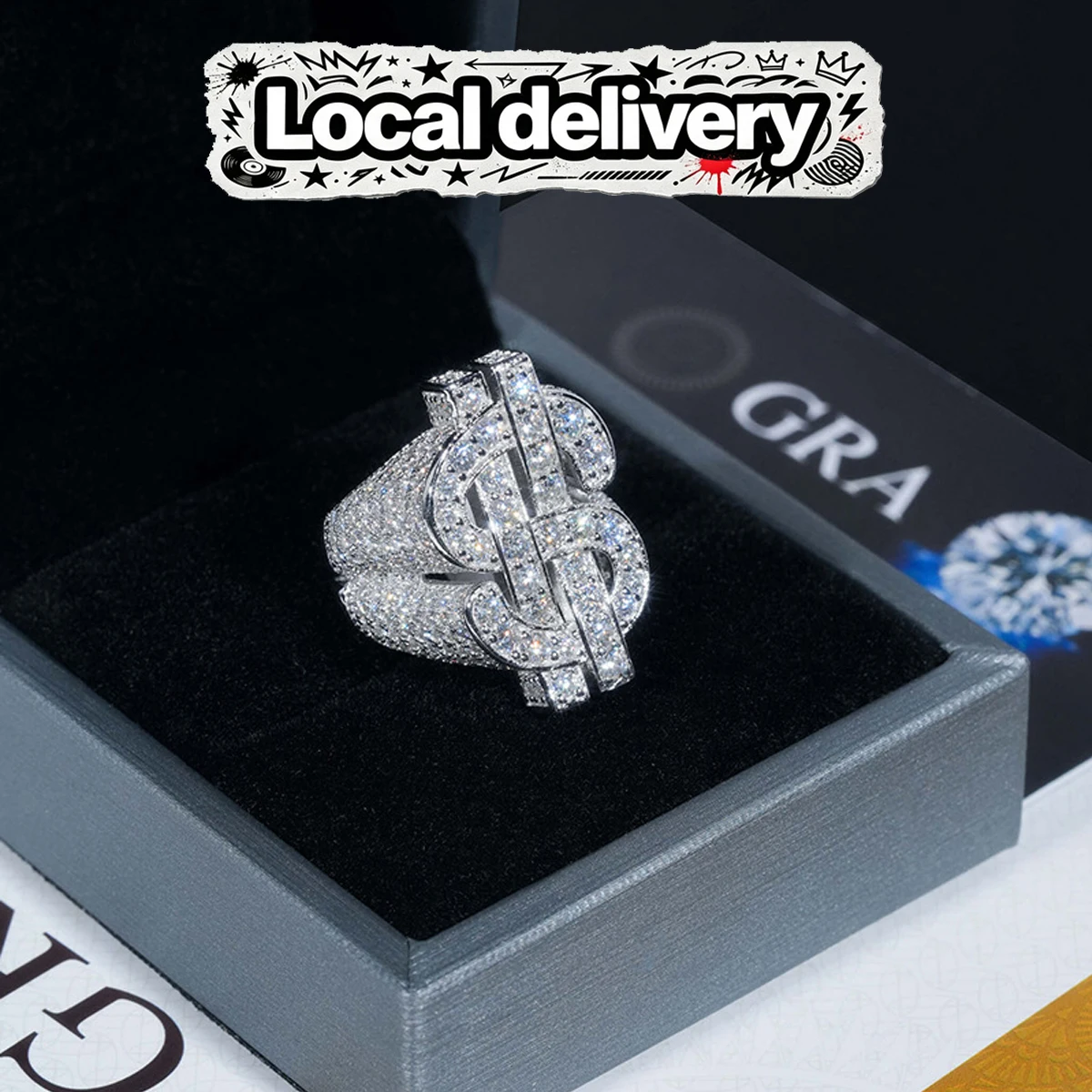 D VVS1 Moissanite Dollar Sign Rings 925 Silver 18K Gold Plated Full Paved Iced Out Bling Jewelry Hip Hop Ring For Rapper Street Lovers Unique Money Rich Symbol Band Party Birthday Anniversary Holiday Gift For Men Party Wear Statement Accessory Gift