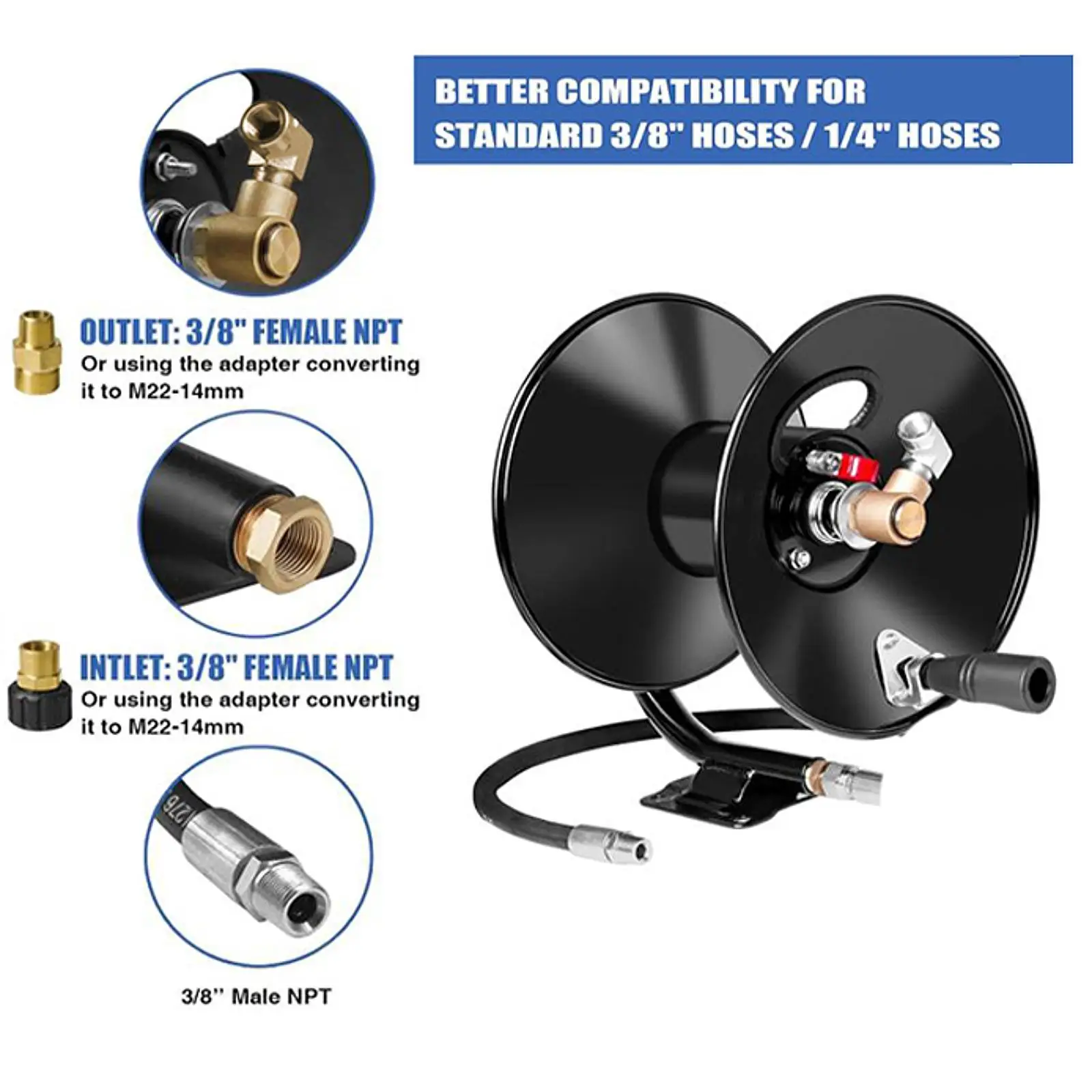 100 FT High Pressure Washer Hose Reel with Swivel Arm Steel Frame for Outdoor Car Washing and Garden Use