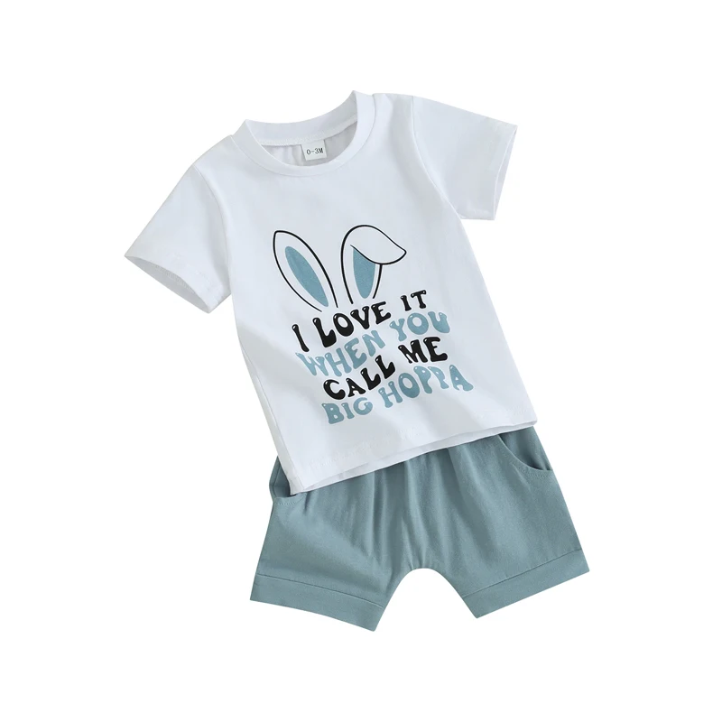 Toddler Boy Easter 2Pcs Outfit Letter Bunny Ear Print Short Sleeve T-Shirt with Elastic Waist Solid Color Shorts