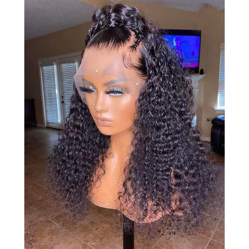 Soft Long 26Inch 180Density Natural Black Kinky Curly Deep Lace Front Wig For Women With Baby Hair Preplucked Glueless Daily