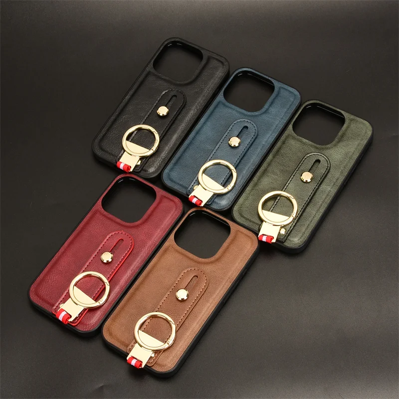 Luxury Wristband Leather Stand Case for iPhone 16 Pro Max 15 14 Plus 13 12 Mini Cover Ring Opener Coque Fundas Capa