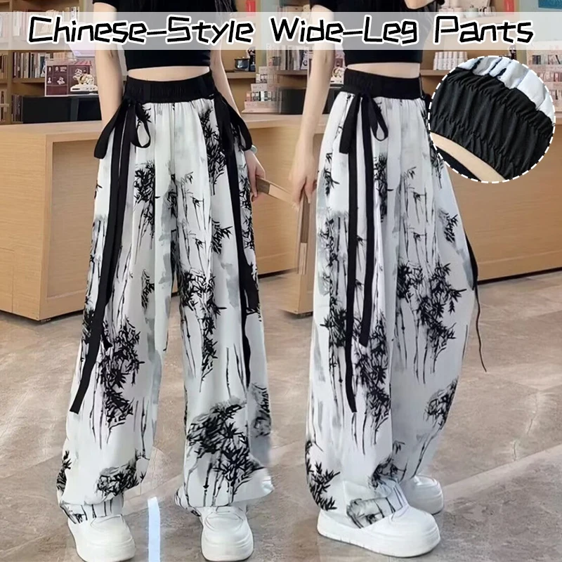 

Chinese Ink Style Painting Wide-Leg Pants Women Elegant Ethnic Style Chiffon Drape Feeling Trousers High Waist Thin Loose Pants