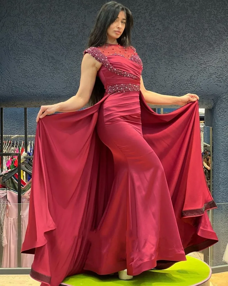 Vestido De noche elegante para mujer, prenda De satén con cuentas De sirena y cuello redondo, color negro y verde, estilo árabe, Dubái