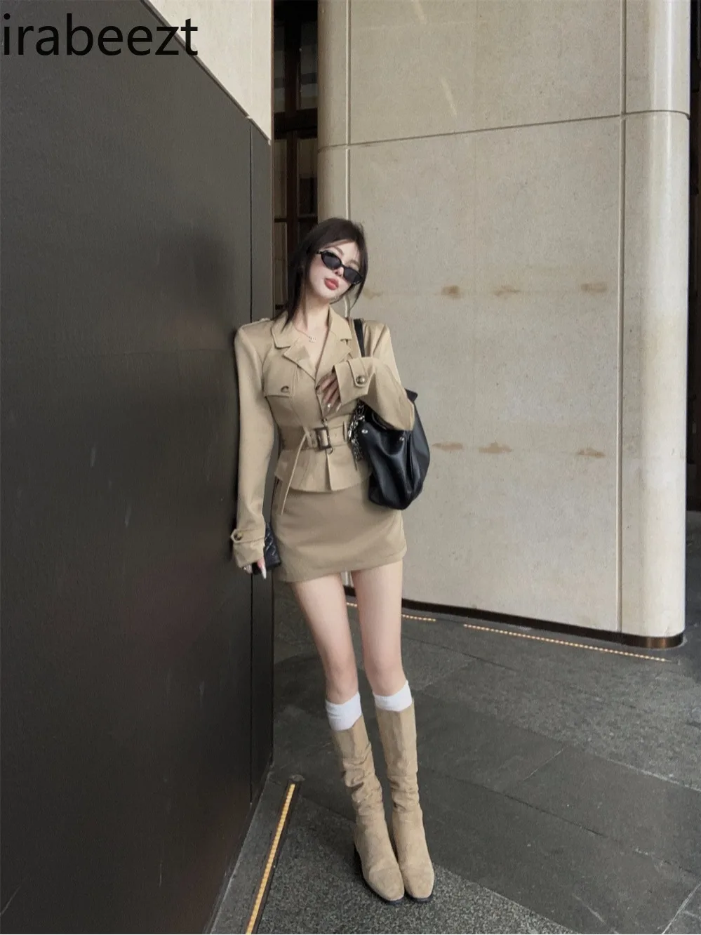 Khaki Waist Long-sleeved Coat Top Vest Fashion Suit Women\'s Autumn Hip-covering Skirt Three-piece Set Ensembles De Jupes