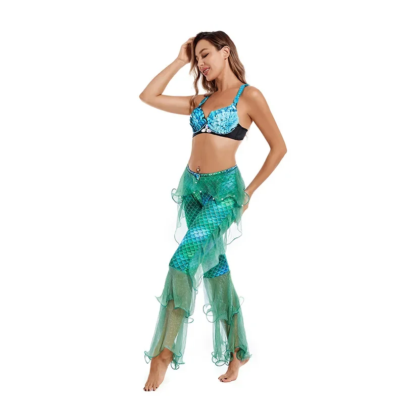 Sexy Women Brilliant Mermaid Cosplay Costumes Adult GAME Clubwear Halloween Masquerade Uniforms Dress Up Fancy Ruffle Pants