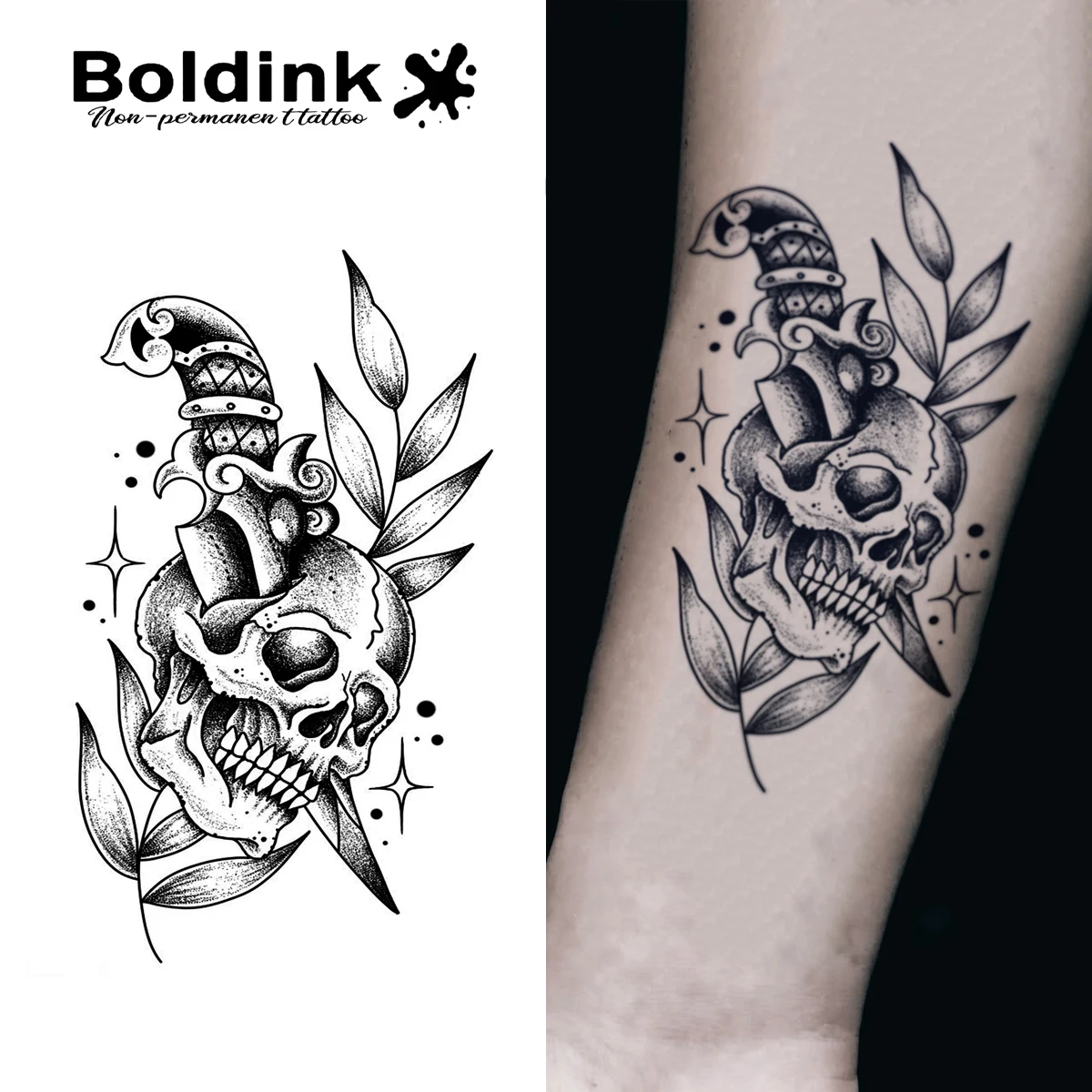 Boldink nicht permanente Tattoo-Technologie, dunkles Totenkopf-Dolch-inspiriertes Design, Gothic-personalisiertes Tattoo, wasserdicht für 1–2 Wochen.