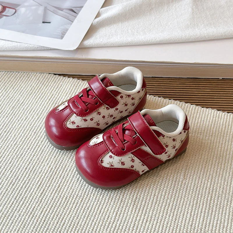 JGSHOWKITO Girls Patchwork Sneakers Vintage Floral Children Causal Shoes Soft Bottom School Non-slip Kids Sports Mary Jane Shoes