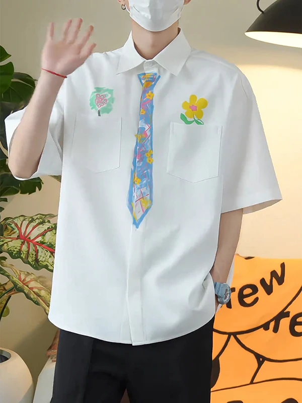 

Hand-Painted fiti Tie irt Men's ort-Sved Casual Summer College Sle Design Sunscreen Outerwear Couple's irt
