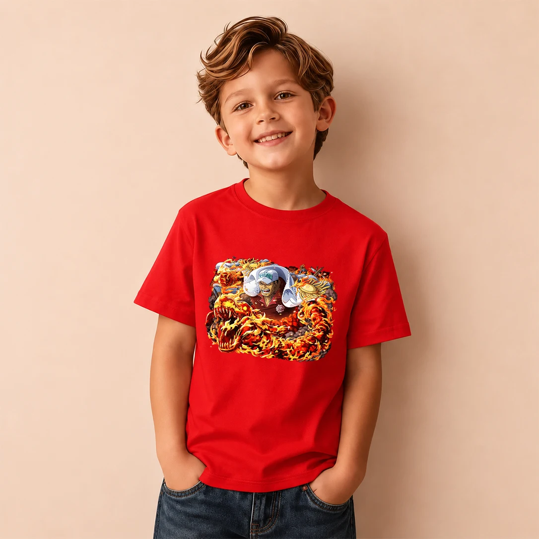 Kids T‑Shirt One Piece Akainu Fire Dragon Effect Print Short Sleeve Casual Tops Boys Girls Children Daily Wear Tees