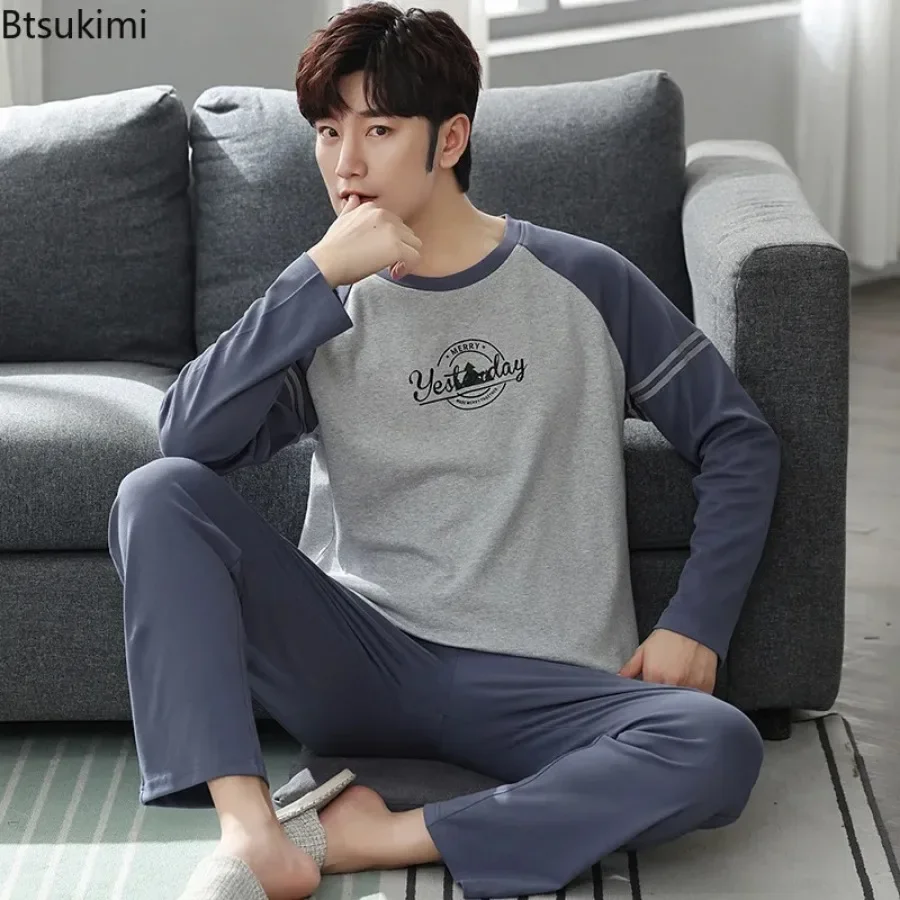 Spring New Men\'s Long-sleeve Tops and Pants Sleepwear Two Pieces Comfortable Cotton Loose Casual Home Wear Men Pajama Sets L-4XL