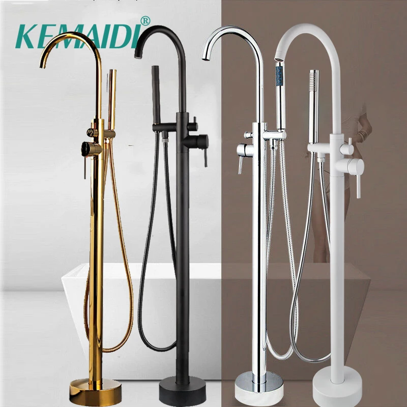 Kemaidi- Standing Bathtub Faucet Grupo Black Bath Shower System Round Spout Mixer Tap Filler Shower Roman Tub Golden Plated