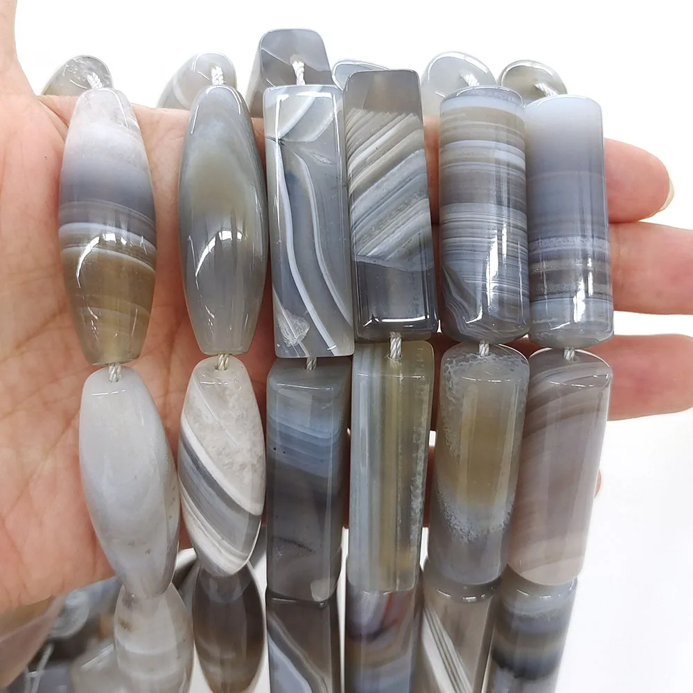 40x12mm Crystal Bead Natural Stone Gray Uruguayan Striped Agate Rectangle Cylinder Rice Shape Beads For DIY Jewelry Making Gifts