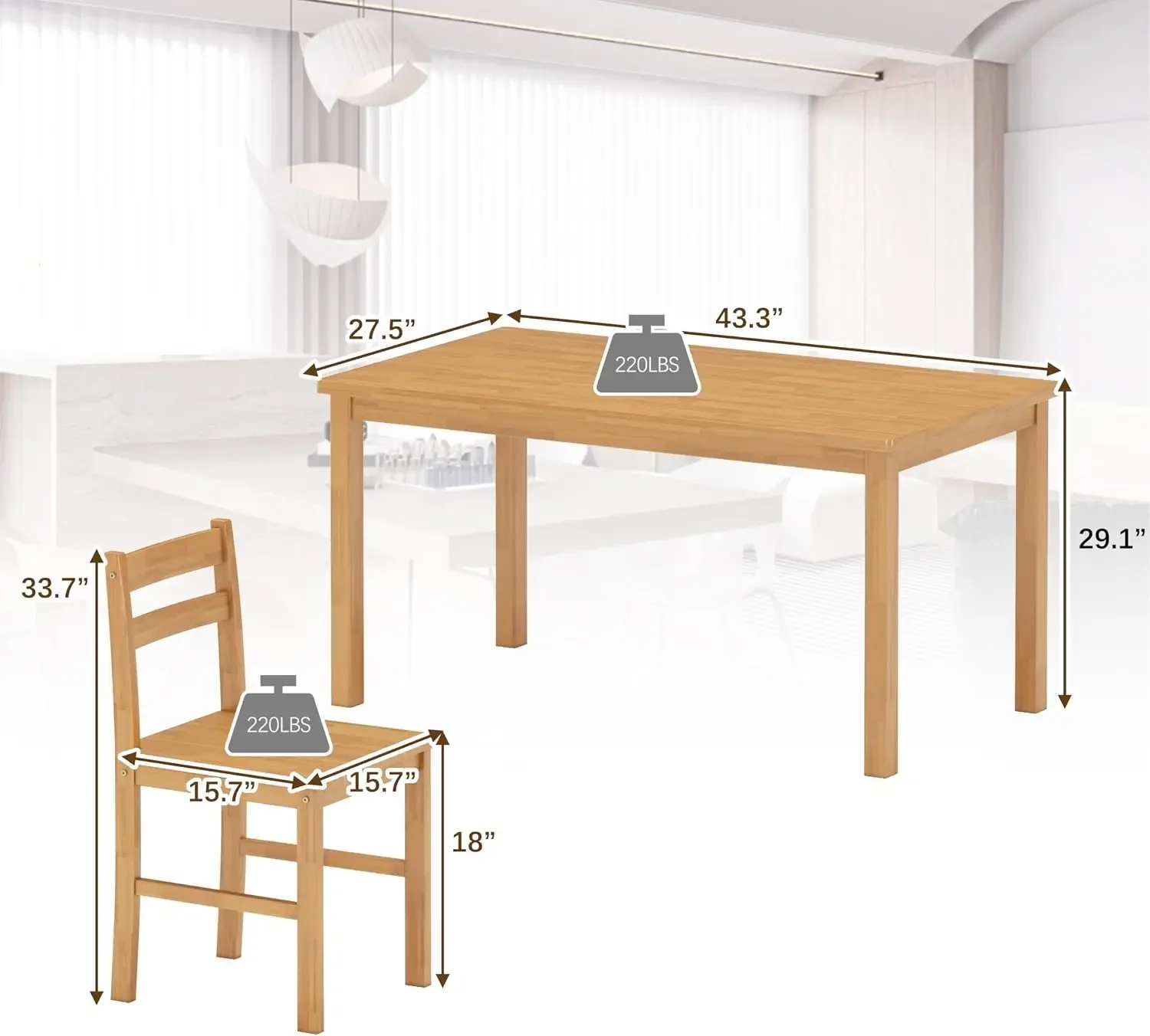 43.3 inch Solid Wood Indoor Modern Rectangular Dining Table Set for 4, Table and 4 Solid Wood Dining Chairs for Kitchen, Bar, Li