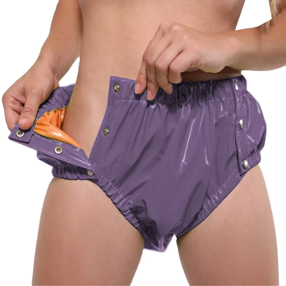 غريبة لامعة بولي كلوريد الفينيل الجلود طبقة مزدوجة الربط سراويل سيسي مثير زر متابعة مرونة الخصر سراويل سيسي تأثيري الوثن انجري