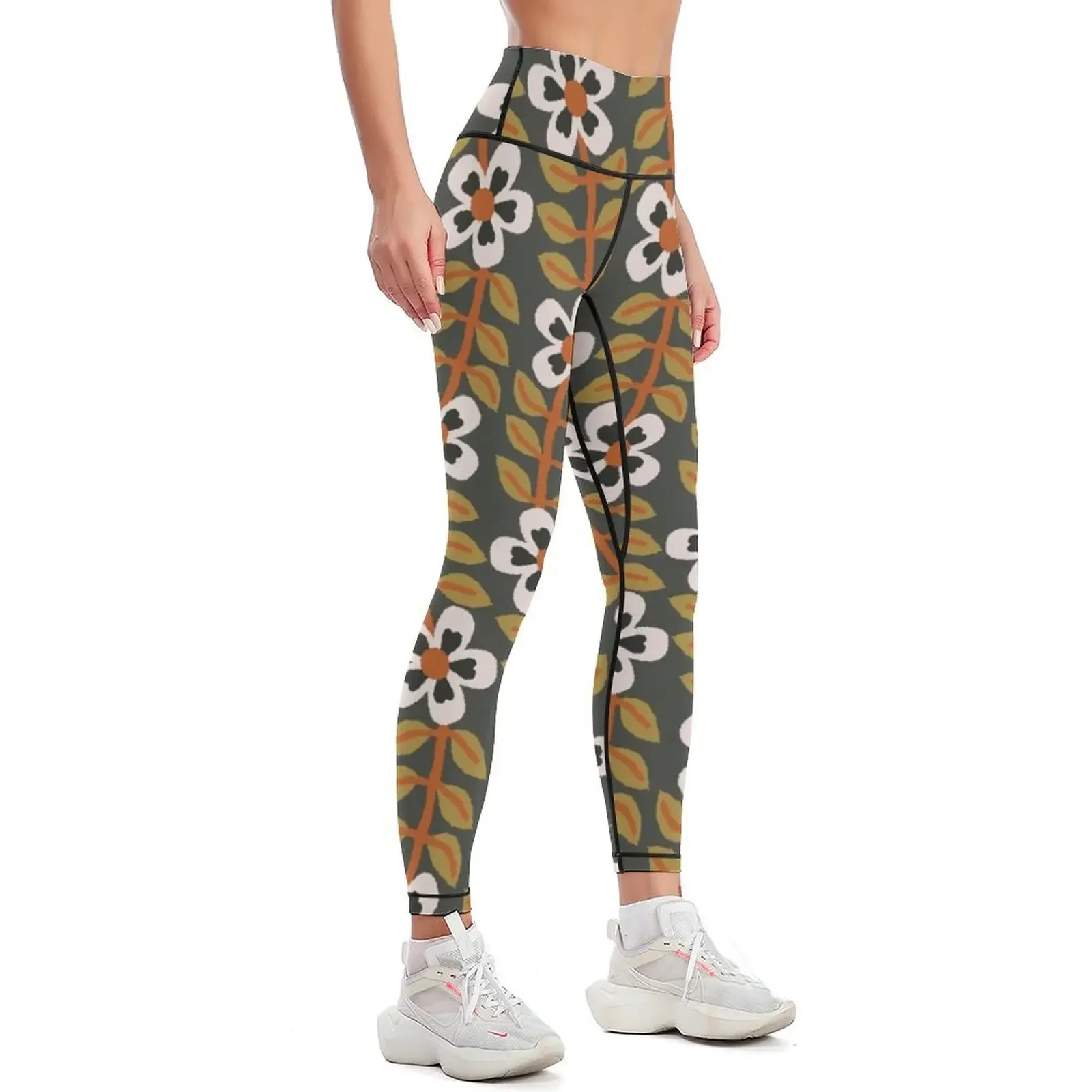 Simplistic Modern minimalist floral vine in burnt orange, charcoal grey and olive green Leggings gym pants Womens Leggings