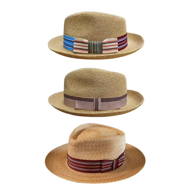 

Handmade Straw Hat Elegant Braided Belt Decorated Sun Hat for Women Party British Beach Hat Straw Lady Knitted Straw Hat