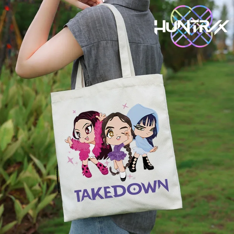 

Новые холщовые сумки для покупок KPop Demon Hunters с мультяшным принтом Y2k, студенческая сумка для книг, большая сумка для девочек, карманы для хранения канцелярских принадлежностей, подарок