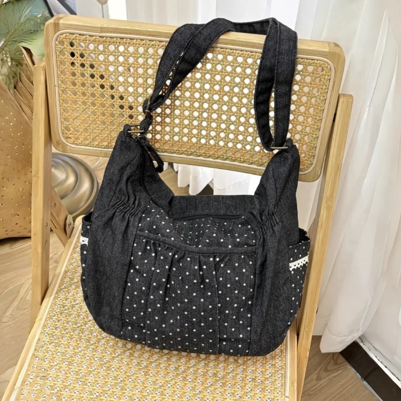 

Korean Polka Dot Canvas Bag Women Large Capacity With Side Pockets Shoulder Bag Lace Student Commute Zipper Crossbody Tote Bag