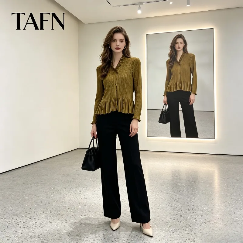 Miyake Pleated 2026 Ruffle Collar Pleated Shirt Autumn New Semi-Transparent Sunscreen Long Sleeve Jacket V-Neck Shirt for Women