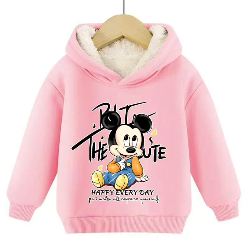 Kawaii Mickey Minnie Child Hoodie Sweatshirt Disney Anime Winter Kids Thick Clothes  Donald Duck Daisy Pink Winter Warm Coat Top