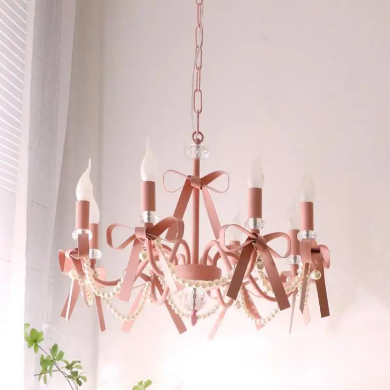 Baby Girls' bowknot Pink pendant light Dining Room ribbon crystal Chandelier lighting E14 led candle lights pearl Children lamp