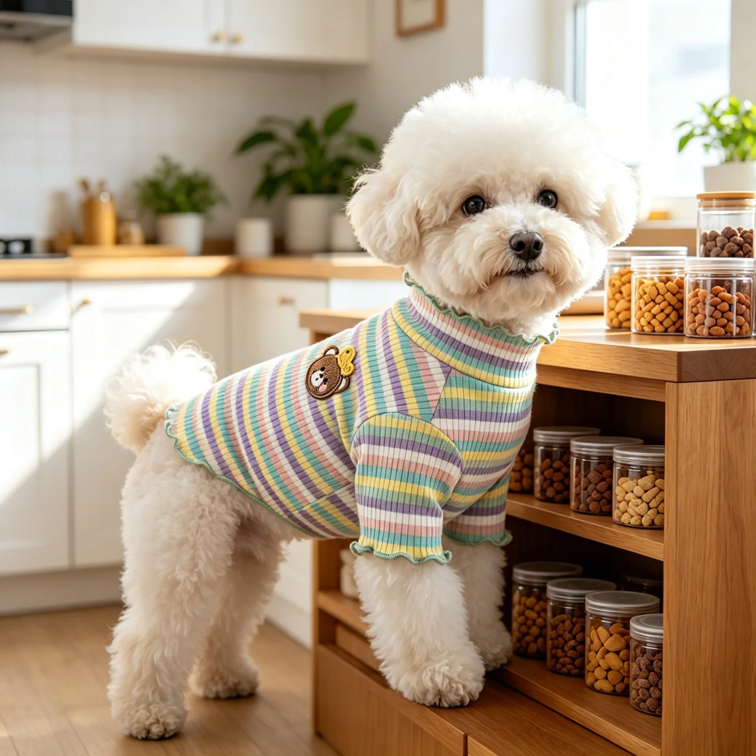 Gestreiftes Strick-Hundehemd mit niedlichem Bärenmotiv, Haustierkleidung, weiches geripptes Welpen-Outfit für Bichon Frise und Teddy. – Detail 15