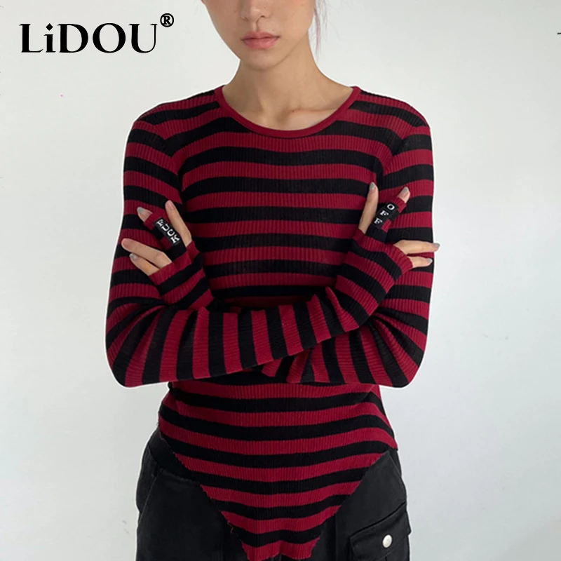 Spring Autumn Striped Irregular Slim Sweater Lady Punk Style Streetwear Y2K Pullover Top Women Long Sleeve Casual Fashion Jumper