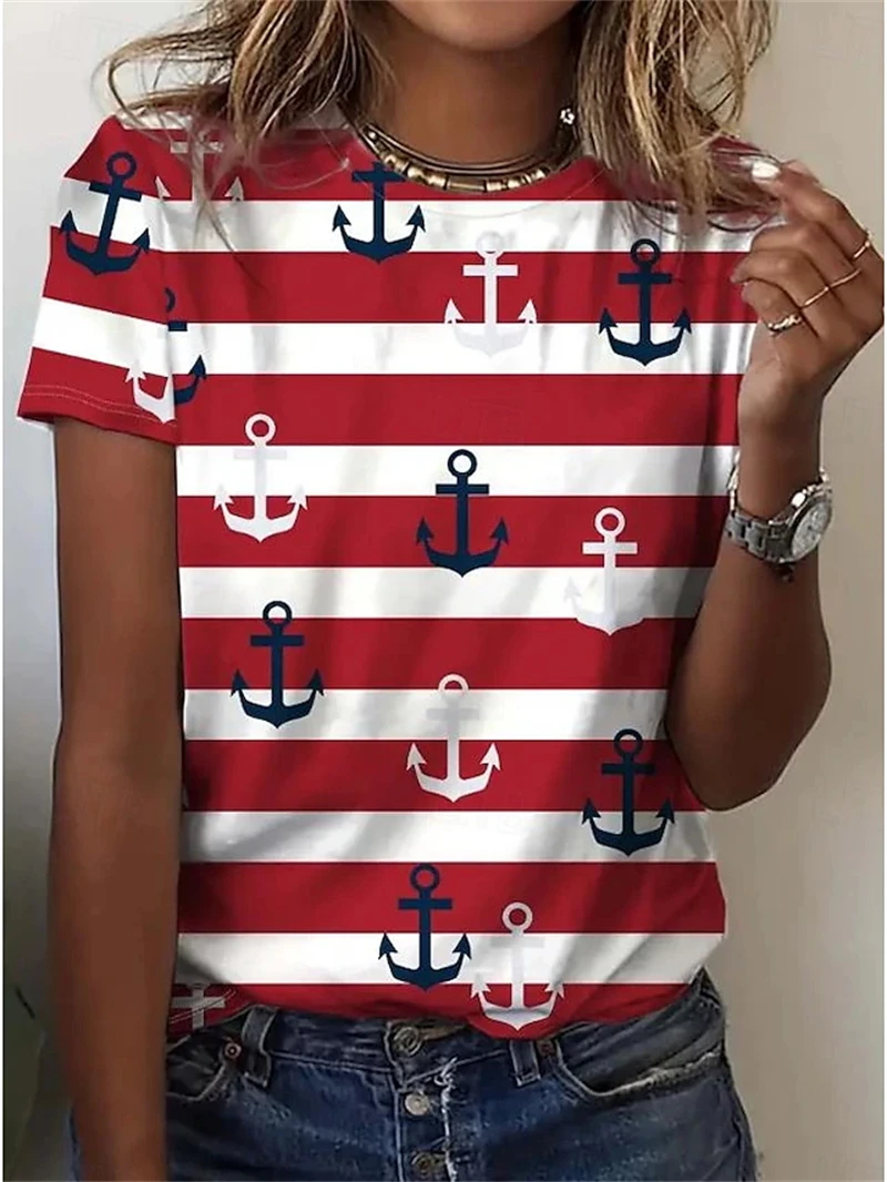 

Boat AnchorGraphic T-shirt For Women 2025 New Design Short Sleeve Stripe T Shirts Summer Oversized Fashion Elegant Kids Tees