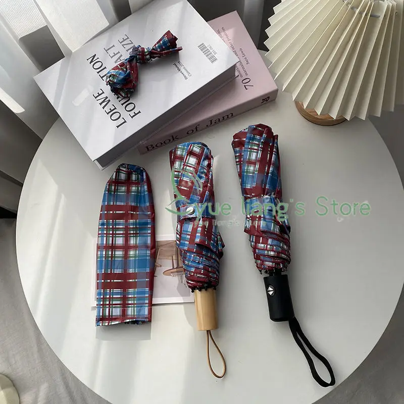 American Plaid Umbrella, Rain Dual-use Automatic Folding Sun Umbrella, Sun Protection and UV Protection Manual Sun Umbrella