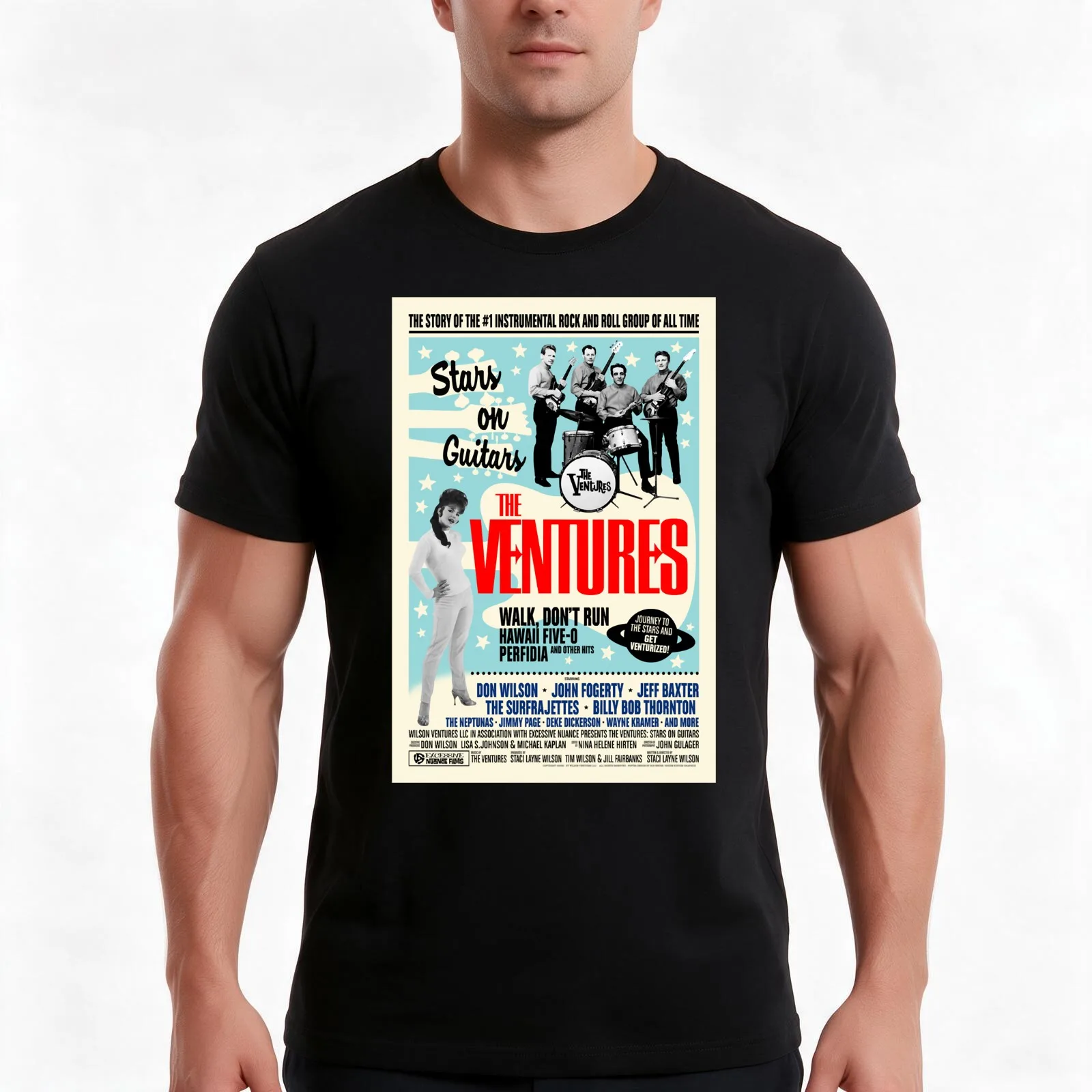 The Ventures Stars on Guitars Movie T-Shirt, Summer Casual Cotton Tee, Oversized Streetwear Tops, Vintage Graphic Print