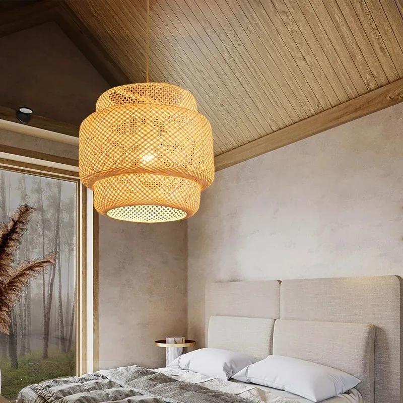 

Lantern Design Bamboo Lamp Shade Wooden Pendent Light Natural Rattan Wicker Chandeliers Pendent Lamp Restaurant Home Decoration