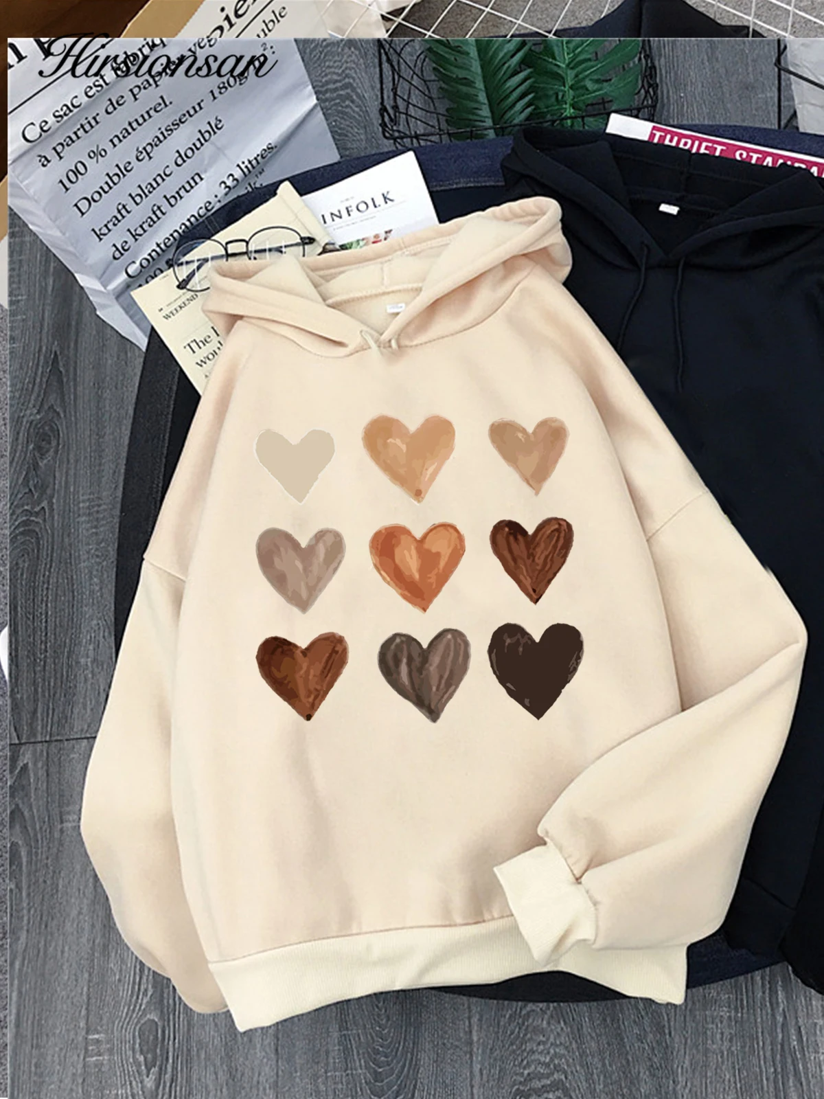 Hirsionsan Harajuku Heart Print Sweatshirt for Women 2023 New Winter Soft Casual Loose Warm Female Hoodies Fleece Ladies Clothes