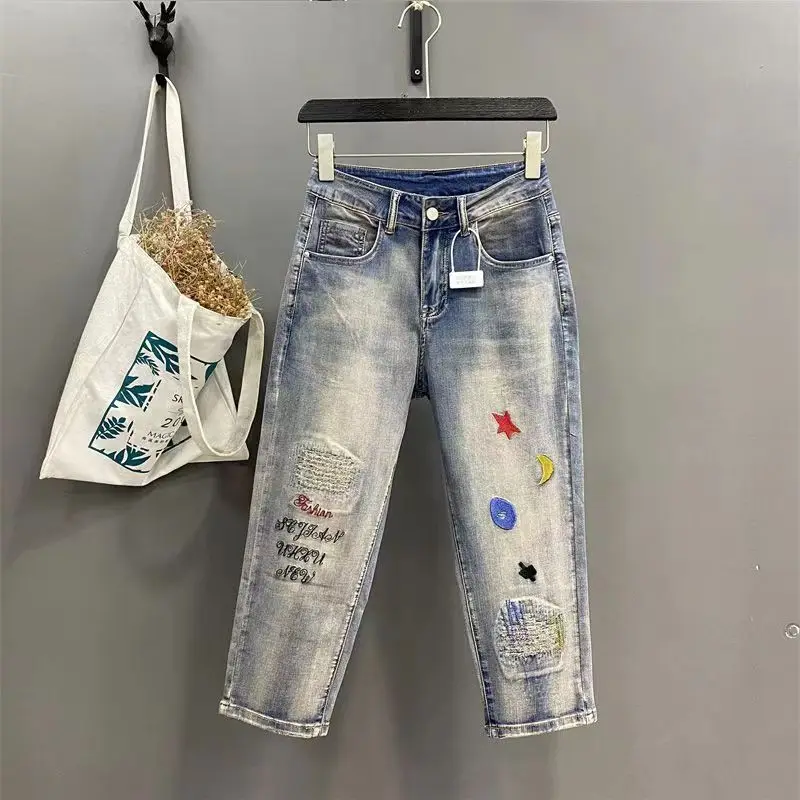 

Винтажные дизайнерские стираные и старые облегающие брюки с вышивкой, осень 2023, модные потертые джинсы, женские джинсы с низкой посадкой