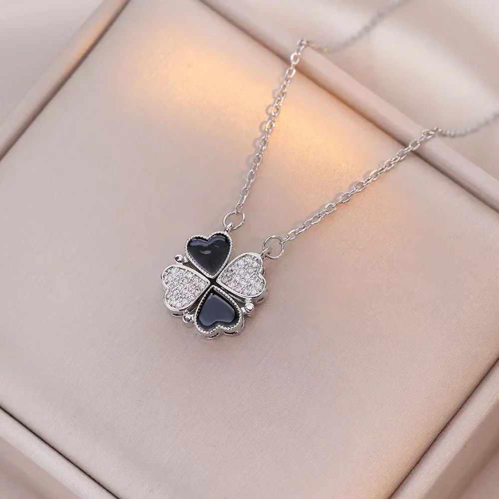 Trendy White Black Double Side Magnet Buckle Heart Clover Pendant Women Necklaces Female Double Wear Stainless Steel Neck Chain