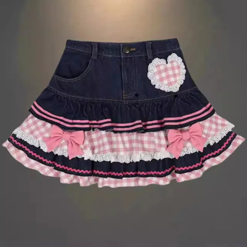 

Bow Love Plaid Dresses Y2K Japan Korea Filled Sweet Cute Kawaii Pleated Denim Skirt Women Girl Loose A-line Jeans Dresses New