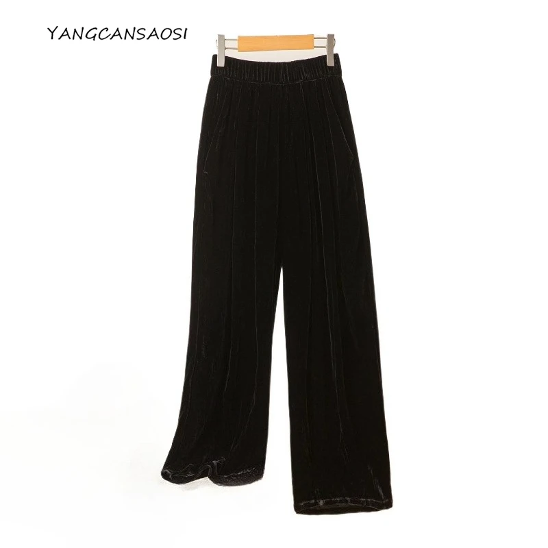 

Women's Fashion Autumn/Winter New Black 30% Natural Mulberry Silk Velvet Loose Women's High Waist Pocket Design Casual Pants