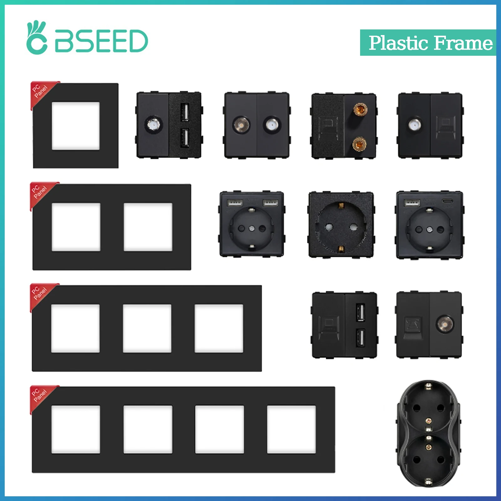 BSEED EU Wall Plastic Panel With Double Internet Socket CAT5 RJ45 ST TV USB Function Parts Power Socket DIY Free Combination