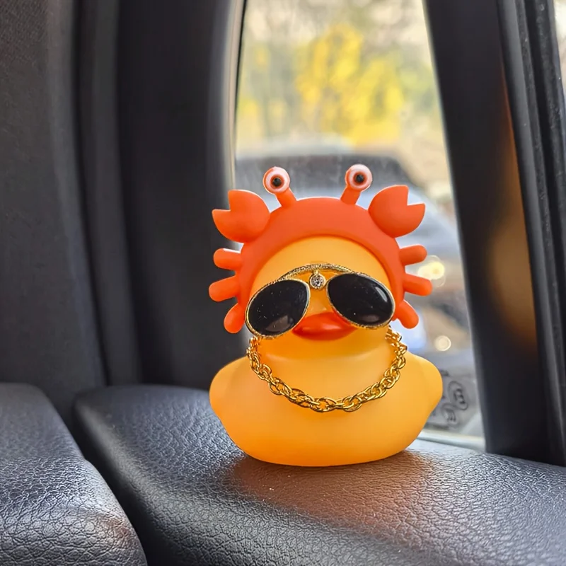 1PC cute yellow duck car ornament with crab hat and sunglasses decoration, car decoration, holiday gift