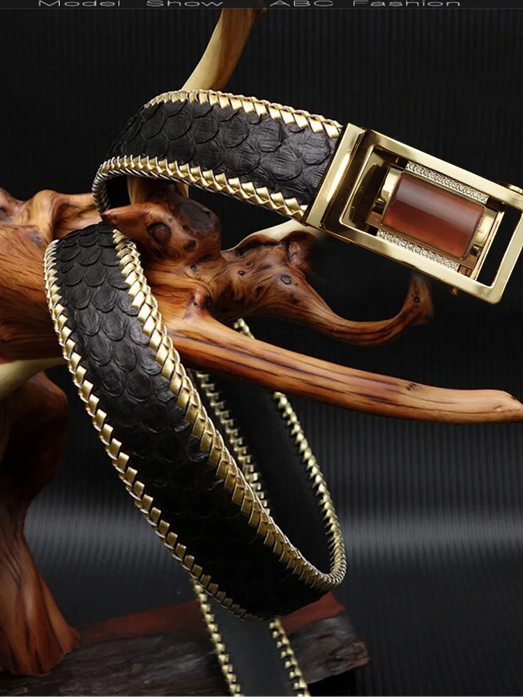 Handmade High Quality Leather Belt Business Men's Brass Jade Diamond-Embedded Youth Woven Pants