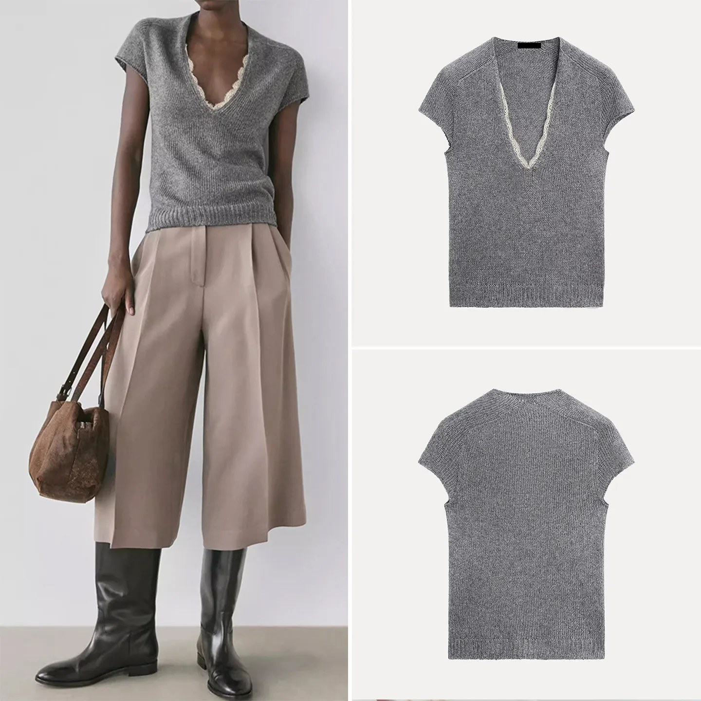 

Женский вязаный свитер с кружевными вставками и V-образным вырезом, короткий рукав, европейский стиль, модный дизайн, бренд Z, стандартный крой, новинка весны 2026