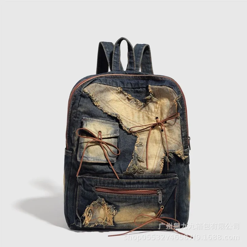 

Y2k Grunge Washed Denim Backpack Women High Street Bow Pocket Casual Large Capacity Mochila Female Vintage Backpacks Aesthetic
